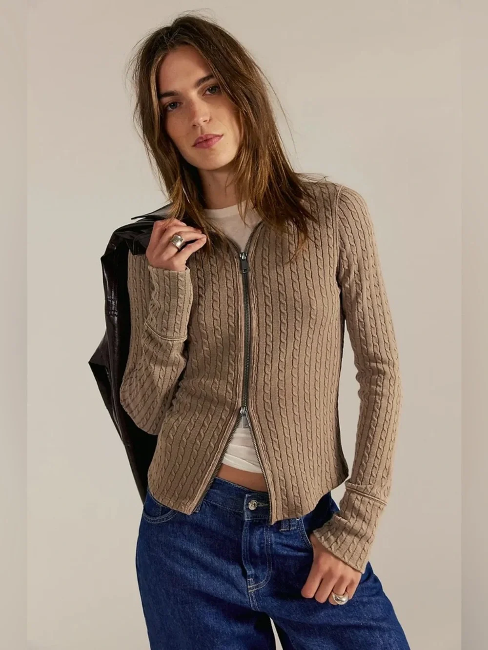 Free People Brunch Girl Up Zip Up in Dusted Cocoa S
